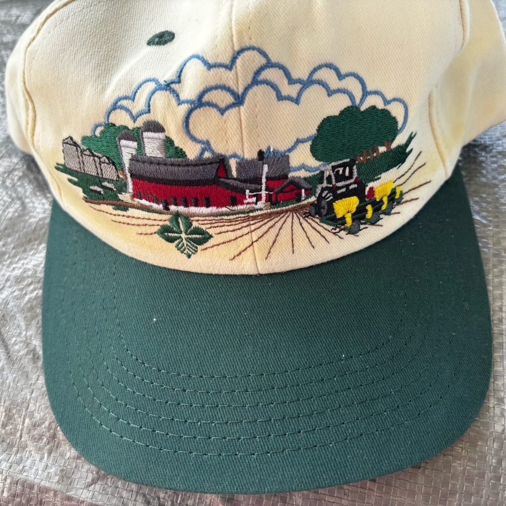 VINTAGE FARM CREDIT K-PRODUCT, TRUCKER SNAPBACK HAT GREEN AND WHITE EMBROIDERED